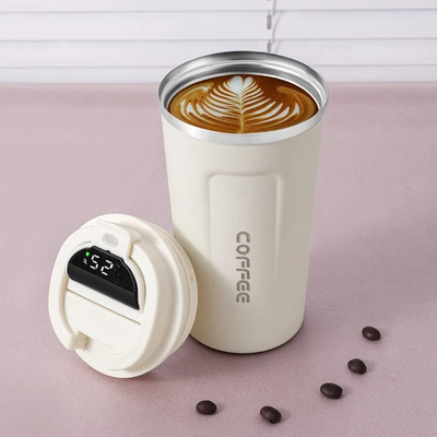 Термокухоль Coffee 380 мл з градусником біла з нержавіючої сталі 5034 фото