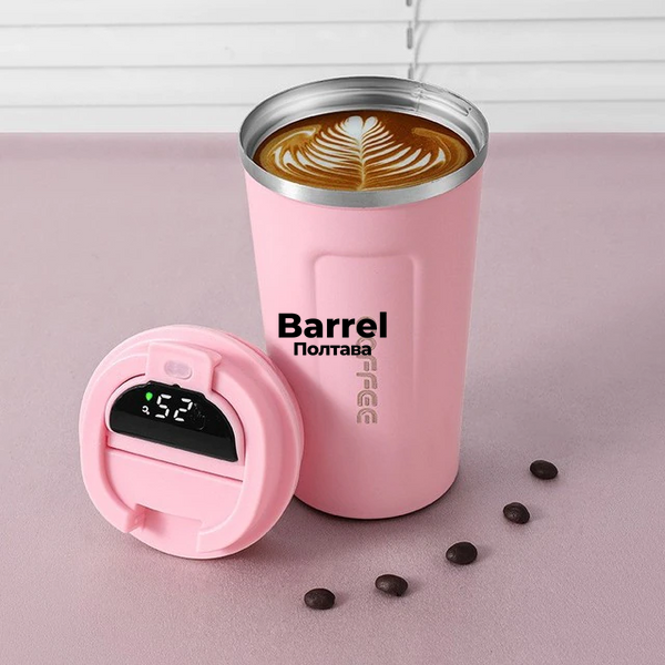 Термокухоль Coffee 380 мл з градусником рожева з нержавіючої сталі 5032 фото