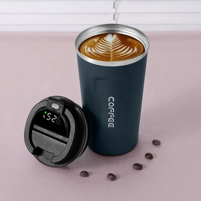 Термокухоль Coffee 380 мл з градусником синя з нержавіючої сталі 5036 фото