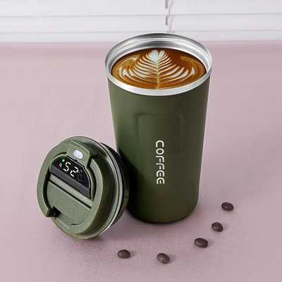 Термокухоль Coffee 380 мл з градусником зелена з нержавіючої сталі 5038 фото